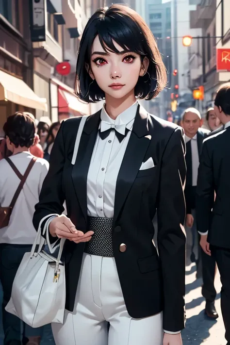 ((masterpiece, Highest quality)), ((Detailed CG integrated 8K people)), That Time I Got Reincarnated as a Slime, Characters, Diablo, Tuxedo, Short black hair with white mesh, White handbag, girl dressed as a man, Woman dressed as a man, Tuxedo:1.8, Red eye...