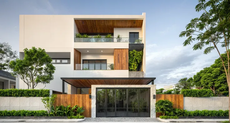 modern townhouse on street, (sunset), tropical tree, vivid colour, streetcapes, white tone, white wall, steel gate, rough white ...