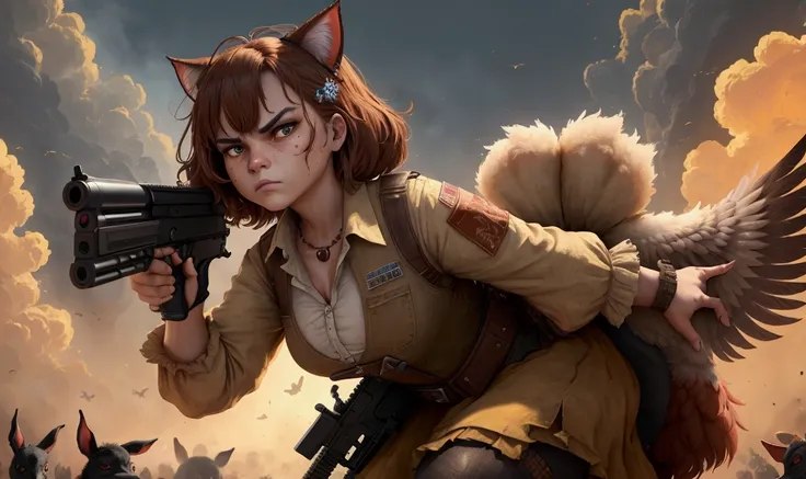 an angry hen with a pistol in her hand, hen has human-style hand but they are look like then hen skin, the environment is a farm, enemies are surrounded the hen and donkey and ping, enemies are hens and cats.