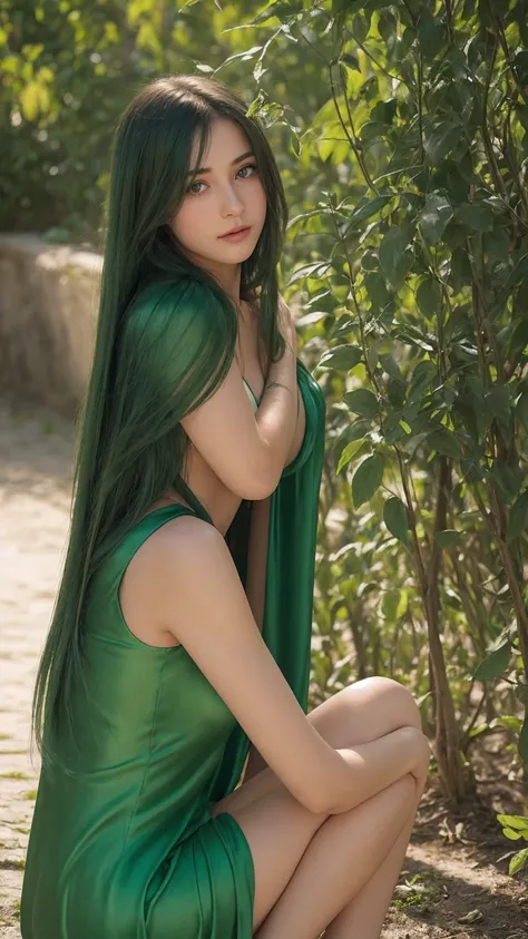 a girl.  face sent feeling.  Europe.  Oval face.  long face.  delicate facial features.  Beautiful Eyes Downcast.  seductively seductive.  green eyes.  long straight hair.  green hair.  sad.  shy.  green silk nightgown.  shy sitting posture.  outdoor