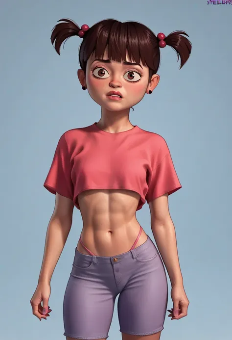 boo (monsters inc,) for  disneystylexlp, 1girl, brown hair, brown eyes, twintails, tight bikini  kid bangs, pink shirt,