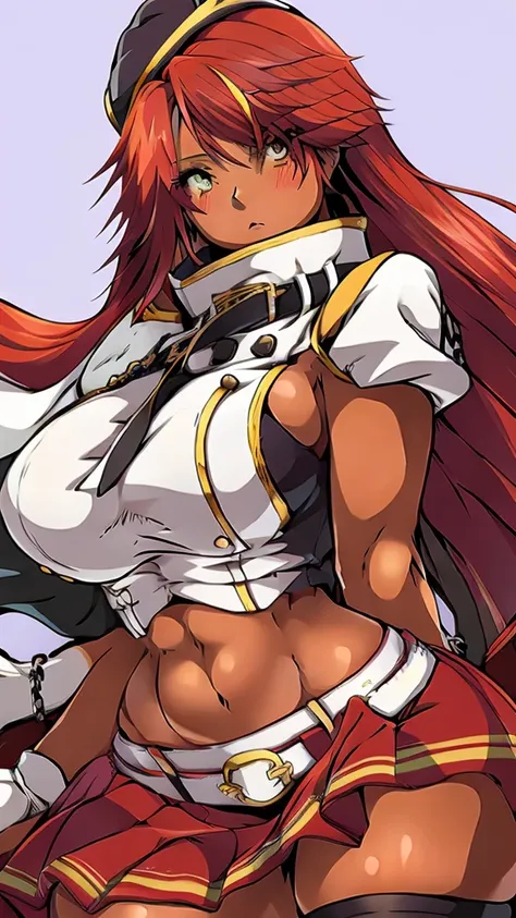 High detailed, anime, 1 girl, solo, Jamaica, red hair, Ebony skinned, expressive cream-colored eyes, busty, sattelas uniform, Juliet sleeves, skirt, Serious, round hips, holding chains