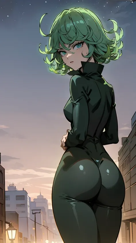 anime art style, tatsumaki from one punch man, green hair, white skin, standing on destroyed city, cinematic lights, blushing ch...