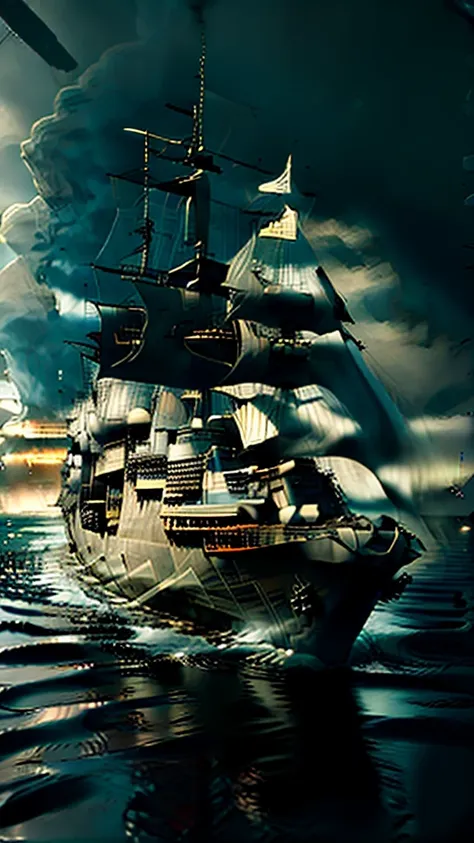 17th century, “queenborough”, warship, navy, ghost, mythical, covered with weapons, haunting, massive