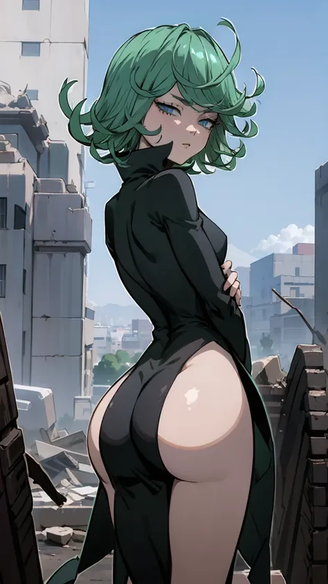 anime art style, tatsumaki from one punch man, green hair, white skin, standing on destroyed city, cinematic lights, blushing ch...