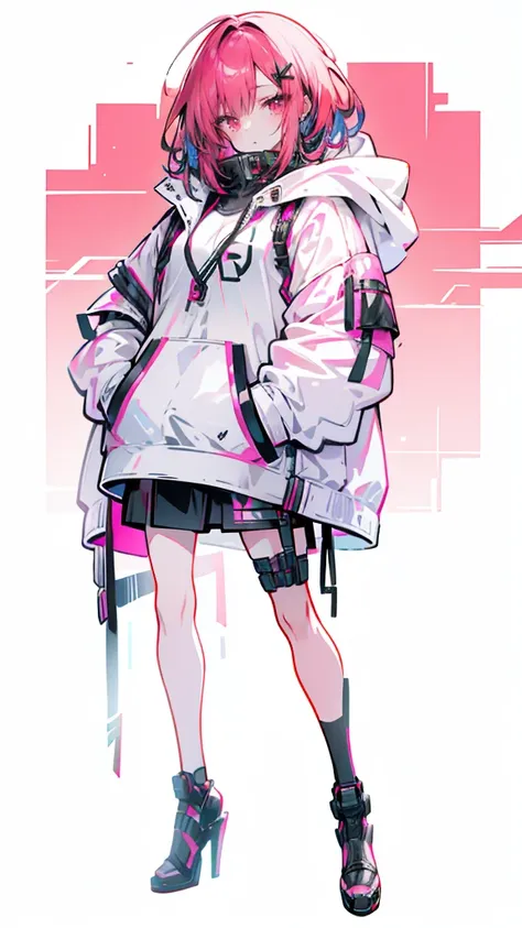 1 girl with red hair, pink eyes, cyberpunk style, hand in pocket, hoodie, pink starry background, black high heels