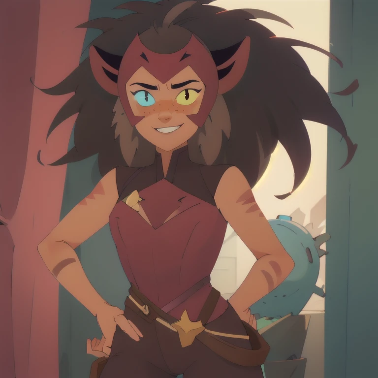 ((masterpiece,best quality)), absurdres, catra_shera, cat ears, heterochromia, solo, smiling, looking at viewer, cowboy shot, ci...