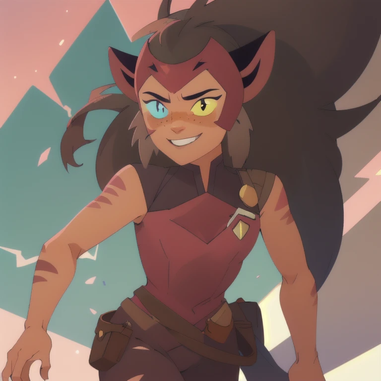 ((masterpiece,best quality)), absurdres, catra_shera, cat ears, heterochromia, solo, smiling, looking at viewer, cowboy shot, ci...