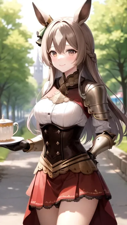 masterpiece, best quality, highres, {{8k}},
BREAK,
aasato, long hair, half updo, braid, hair between eyes, animal ears, ear ornament, medium breasts, plate armor, long red skirt, cowboy shot, shy smile, blush, cute, wide hips, busty,
BREAK,
outdoor, castle...