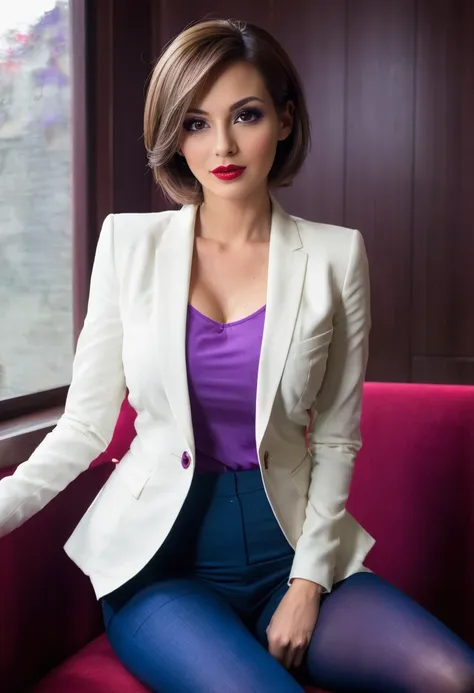 ((fullbody)),sitting,jeans,((wearing business suit and white light jacket))、pantyhose,red lips,purple eyeliner,、italian woman, ,...