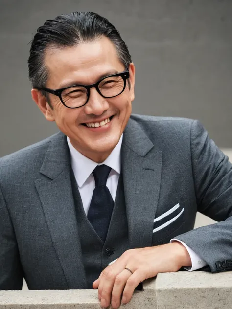 Middle-aged men、Small、A brazen face、Black-rimmed glasses、all back、Double suit、Grinning