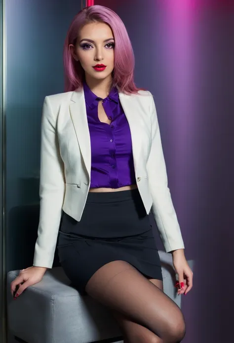 ((fullbody)),sitting,,((wearing business suit and white light jacket and mini skirt))、pantyhose,red lips,purple eyeliner,、italia...