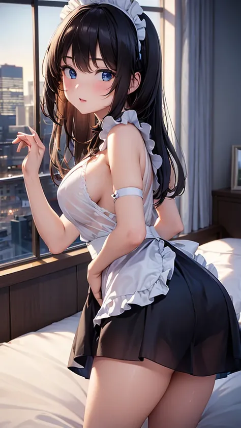 Highest quality,8k,16K,Very detailed,Attention to detail,See-through,Maid clothes,Stick your butt out,On the bed,Window Glass,Night view