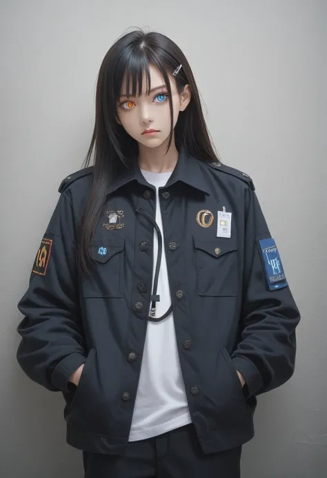 A girl, jacket, Hands in pockets, Staring at others, Black long hair, Heterochromic Eyes, Heterochromic Eyes, Heterochromia, 8K resolution, Very detailed, Anatomically correct, number, Concept Art, Shinkai Makoto style, Clear images,  