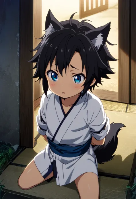 1boy, boy, , 3 years old, anime, alone, black hair, messy hair, tied-up pony hair, azure eyes, wolf ears and tail, japanese clot...