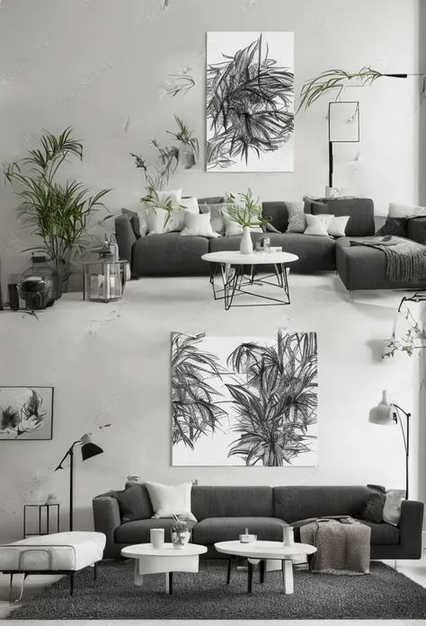 stylish and modern apartment interior, with large corner sofa, on the wall facing the sofa, 1 large wall canvas frame art is the...