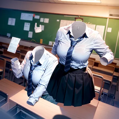 Classroom, long sleeve, white shirts, blue stripe tie, dark grey skirt, school tie, (sexy cute pose), (invisible, no humans, headless, faceless:1.5), (cute big breasts), (close-up shot of breasts), photon mapping, radiosity physically-based rendering