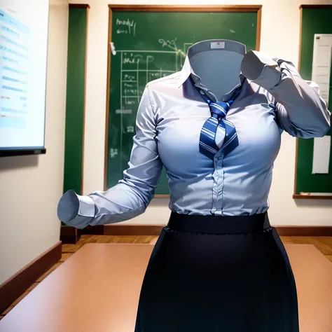 Classroom, long sleeve, white shirts, blue stripe tie, dark grey skirt, school tie, (sexy cute pose), (invisible, no humans, headless, faceless:1.5), (cute big breasts), (close-up shot of breasts), photon mapping, radiosity physically-based rendering