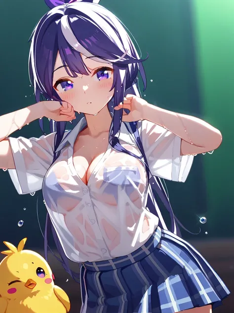 a cartoon nude anime chick with huge blue eyes and blue hair posed and wearing an outfit, 1girl, breasts, solo, skirt, long hair, blush, wet, purple eyes, wet clothes, cleavage, bangs, shirt, parted lips, see-through, plaid, white shirt