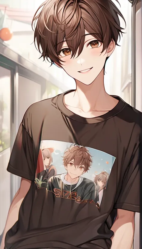 Brown hair. Anime boy. Asian Boy. Ulzzang. Brown eyes. Smiling. T-shirt. Visible bra.