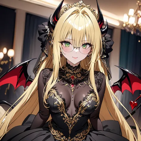 ((Highest quality)), ((masterpiece)), (detailed), （Perfect Face）、The woman was a beautiful, jet-black archdemon with jet-black skin, the evil queen of the demon world, Devil Queen Tiare, with green eyes, blonde medium-long hair, a gorgeous black wedding dr...