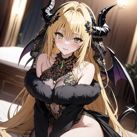 ((Highest quality)), ((masterpiece)), (detailed), （Perfect Face）、The woman was a beautiful, jet-black archdemon with jet-black skin, the evil queen of the demon world, Devil Queen Tiare, with green eyes, blonde medium-long hair, a gorgeous black wedding dr...