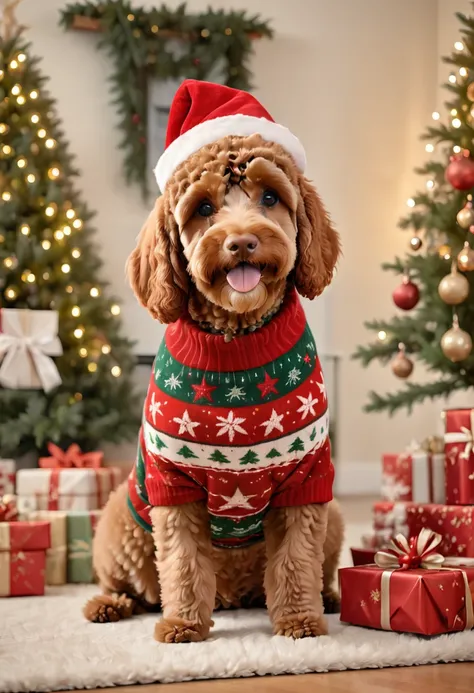 A brown Cavapoodle dressed in a festive holiday sweater and Santa hat, sitting next to a decorated Christmas tree with presents. The background is a cozy living room with a fireplace and holiday decorations