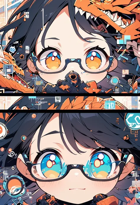 Girl，Wear tech glasses，Background with dragon，Guochao comic style，Delicate and complex brushstrokes，Cool feeling，Character Close-up，Smart expressions，Number，Urban feel，Artificial intelligence products