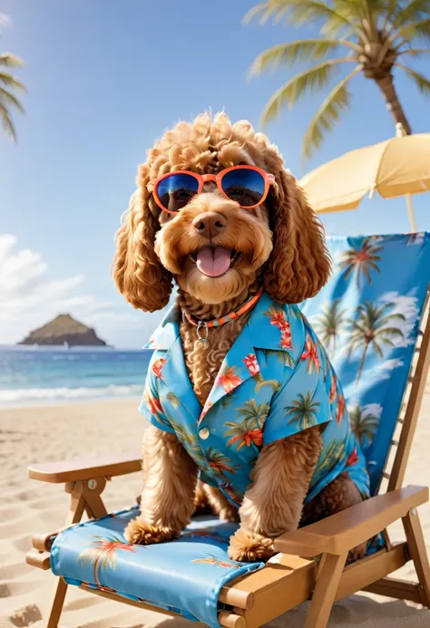 A brown Cavapoodle in a stylish beach outfit, including sunglasses and a Hawaiian shirt, lounging on a beach chair under an umbrella. The background features a sandy beach, clear blue ocean, and palm trees