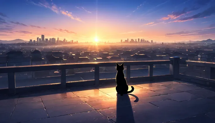 a tranquil sunset over a suburban city, the silhouette of a persons shadow cast on the ground, silhouette of a cat standing on two legs, no people present, anime art style, highly detailed, 8k, realistic, photorealistic, masterpiece, vibrant colors, warm l...