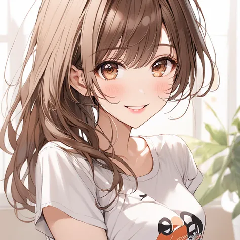 Brown hair. Anime girl. Asian girl. Ulzzang. Brown eyes. Smiling. T-shirt. Visible bra.