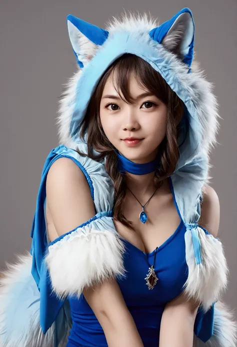 1 girl, Blue fur, Wolf Girl, Medium chest, , Portraiture, Simple Background, (Furry:1.5) 