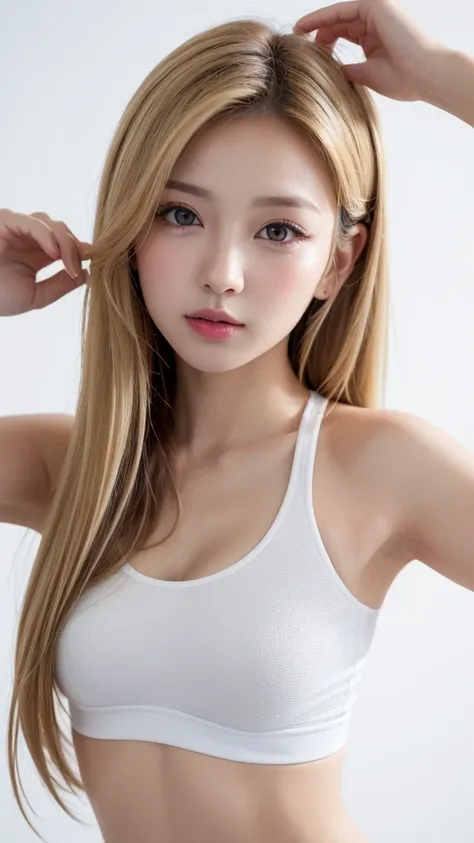 (((forehead、Northern Europe、White、beautiful girl、ホワイトblonde、Blonde、White Background、training wear、cute、young、True Face、Shiny Hair、whole body)))、Tabletop, Highest quality, shape, Very detailed, finely, High resolution, 8k wallpaper, Perfect dynamic composit...