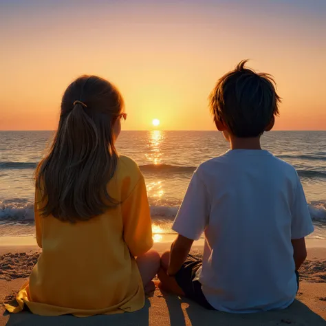 girl and boy together, sitting together, back to back, facing the beach, gazing at the sunset, anime-style. (best quality,4k,8k,highres,masterpiece:1.2),ultra-detailed,(realistic,photorealistic,photo-realistic:1.37),illustration,detailed eyes, detailed lip...