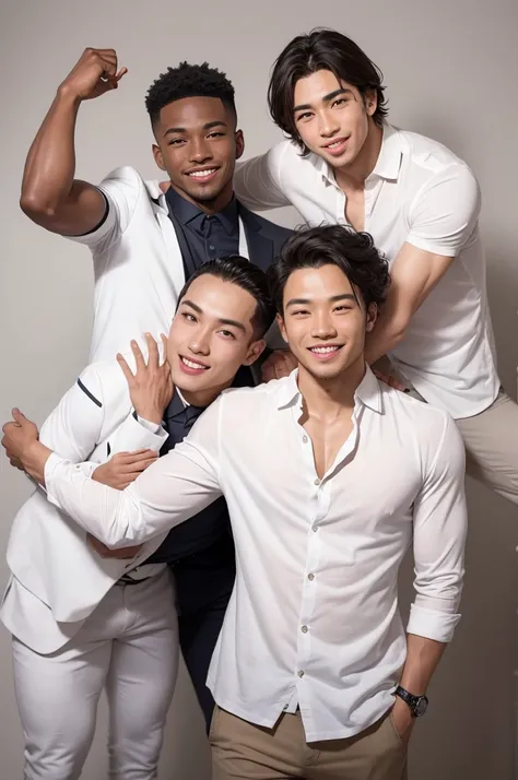 Men of different ethnicities posing for photos, all in different poses and separated from each other so that they do not touch each other, casually dressed. The scene must include three men in dynamic positions, with smiles and confident expressions, captu...