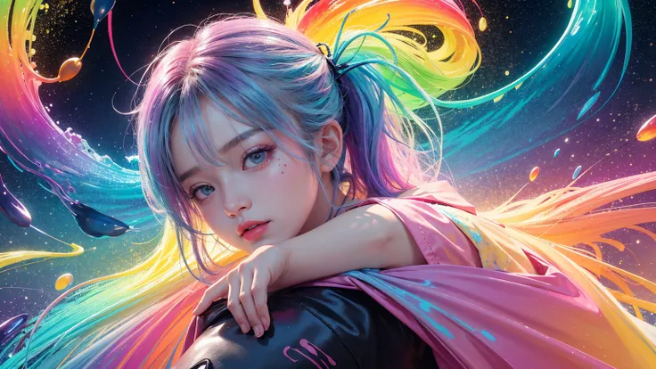 ((1 girl)), colorful, Dot, colorfulなペイント, Splash Paint, liquid, fog, Bright colors, matrix, hologram, Confused, detailed, 非常にdetailed, 非常にdetailed, Complex, masterpiece, 8k，khd，8k resolution，masterpiece