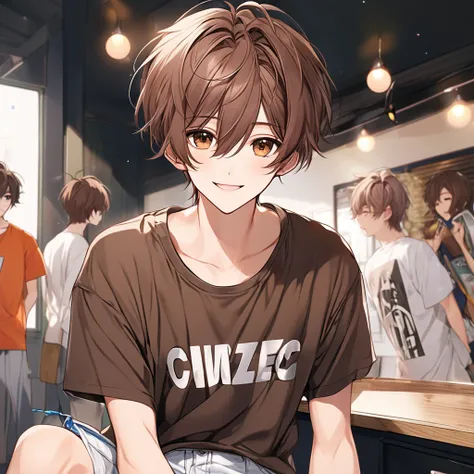 Brown hair. Anime boy. Asian boy. Ulzzang. Brown eyes. Smiling. T-shirt. Visible bra.