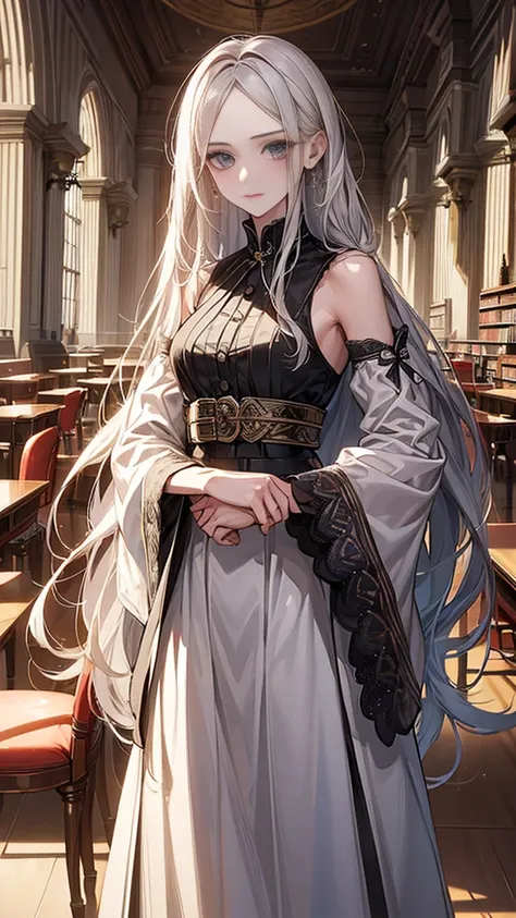 ((Highest quality)), ((masterpiece)), (detailed)　｛{{Slender female contemporary scholar}}｝long skirt with deep slit　Long Hair　No sleeve　library　one piece　belt