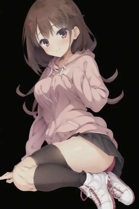 1girl,high_resolution,standing,simple_background,bangs,(red_hoodie:1.3),(black_pleated_skirt:1.35),bob_hair,brown_hair,独奏,black_skirt,blush,skirt,white_background,breasts,eyebrows_ass visible_through_hair,short_hair,smile,red_eyes,looking_at_viewer,thighhi...