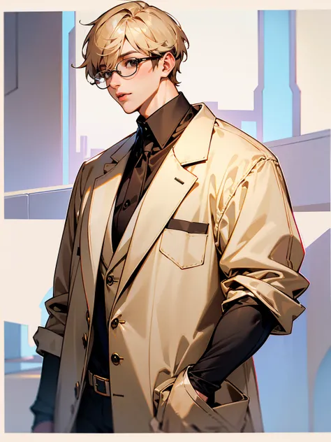 1male, adult, beige hair, short hair, glasses, lip gloss, beautiful, busty, lab coat, sweater