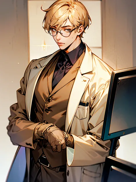 1male, adult, beige hair, short hair, glasses, lip gloss, beautiful, busty, lab coat, sweater