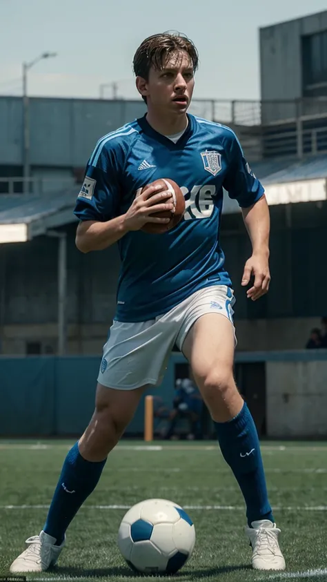 Young Leo playing ball with his friends on a football pitch, 8k realistic imagery, blue scenery like a movie scene, old american setting, inspired by blade runner movie scene, blue tone,
