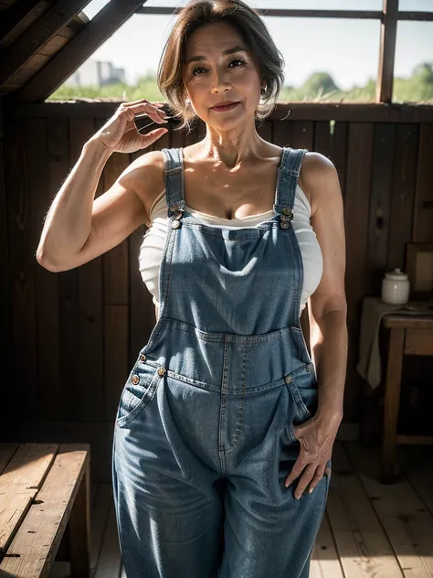 (masterpiece:1.4), ((Beautiful 60 year old woman:1.5)),(Facial wrinkles : 1.2), gentle smile, (white tank-tops : 1.2), (undressed Dungarees : 1.3), (black Rubber boots), (plump body : 1), extremely white skin, pores, skin blemishes, dull skin, messy hair, ...