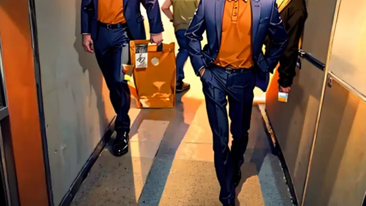 uncle_roger, orange shirt, standing, looking at viewer, long pants, suit, full body,tie