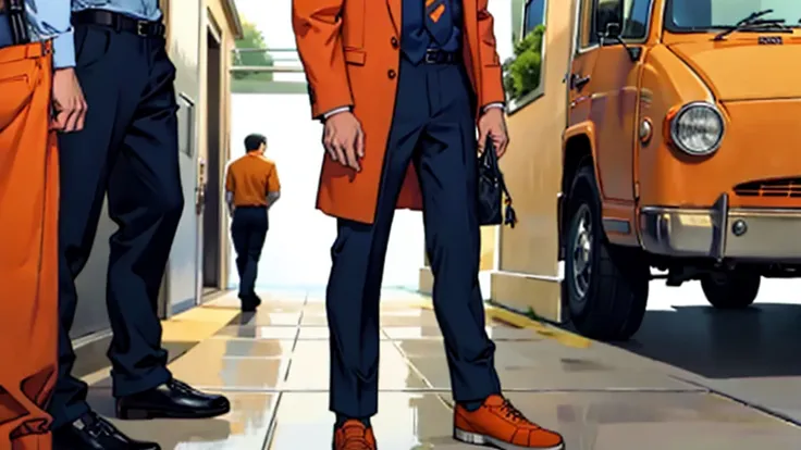 uncle_roger, orange shirt, standing, looking at viewer, long pants, suit, full body,tie