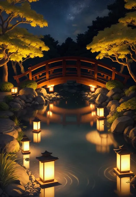 Night scene inspired by Japanese art, The garden is full of paper lanterns，There is a wooden bridge on the tranquil lake. Starry sky reflected in water, Create a magical environment. by the lakeside, There is a small Zen temple，Lighting candles, People com...