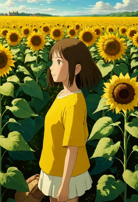 Ghibli　beautiful　Sunflower field　girl