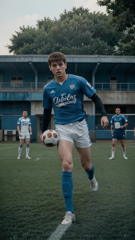 Young Leo playing ball with his friends on a football pitch, 8k realistic imagery, blue scenery like a movie scene, old american setting, inspired by blade runner movie scene, blue tone,
