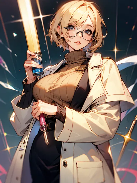 1female, adult, beige hair, short hair, glasses, lip gloss, beautiful, busty, lab coat, sweater, lab, vials, potions