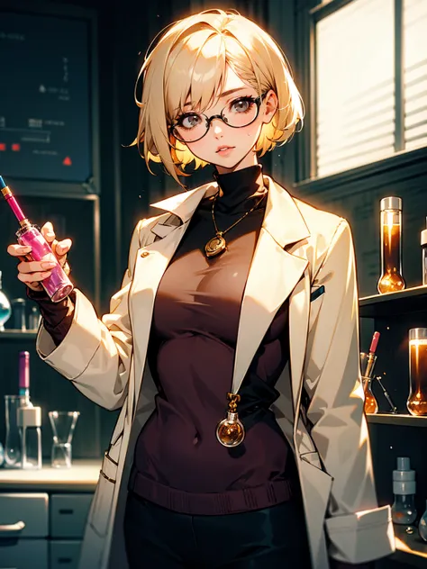 1female, adult, beige hair, short hair, glasses, lip gloss, beautiful, busty, lab coat, sweater, lab, vials, potions